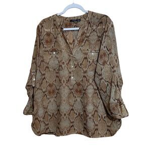 Apt 9 Womens Size XL Multicolor Animal Print Split Neck Tab Sleeves Sheer Blouse